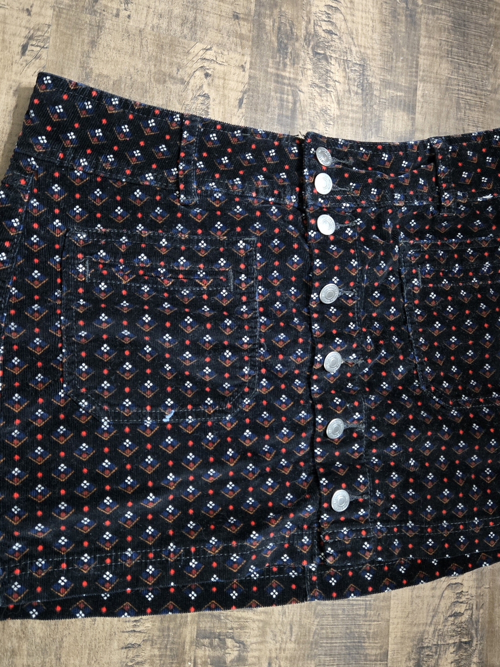 We The Free Black Corduroy Mini Skirt with Red & Blue Pattern Size 31